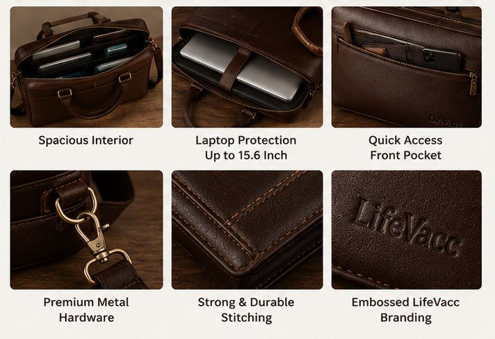LifeVacc Premium Leather Laptop Bag – Luxury Business Briefcase for Professionals