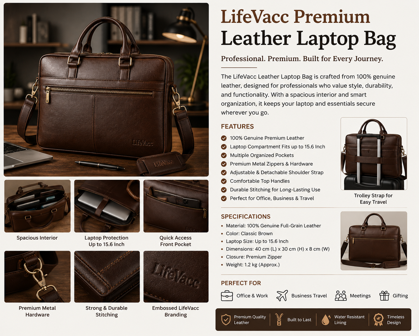 LifeVacc Premium Leather Laptop Bag – Luxury Business Briefcase for Professionals