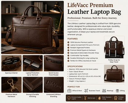 LifeVacc Premium Leather Laptop Bag – Luxury Business Briefcase for Professionals